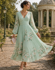 Women's Floral Digital Print Long-Sleeve V-Neck Pleated Dress