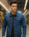 Men's Slim-Fit Lightweight Blue Jacket – Minimal Lapel, No Collar, Solid Color