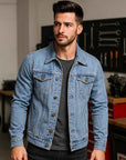 Men's Slim-Fit Lightweight Blue Jacket – Minimal Lapel, No Collar, Solid Color