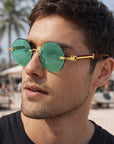 Herren-Sonnenbrille mit grünen Kristallen, rund – Gold-Kupferlegierung, rahmenlos, Retro-UV375-Brille mit Diamantschliff-Verzierung