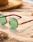 Herren-Sonnenbrille mit grünen Kristallen, rund – Gold-Kupferlegierung, rahmenlos, Retro-UV375-Brille mit Diamantschliff-Verzierung