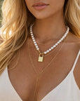 Women's Gold-Plated Pearl Necklace – Lock Pendant Multi-Layer Cross Chain