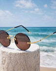 Men's Rimless Crystal Lens Sunglasses – Round Vintage Metal Frame with UV Protection