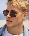 Men's Rimless Crystal Lens Sunglasses – Round Vintage Metal Frame with UV Protection