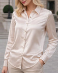 Damen Seidenbluse mit eckigem Ausschnitt – schlanke Passform, langärmeliges, elegantes Bürohemd