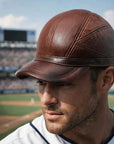 Men's First-Layer Cowhide Leather Baseball Cap – Adjustable Flat Brim Dome Cap, 56–60 cm