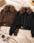 Women's Vintage Fur Collar Jacket – Loose Fit American Retro Lapel Coat
