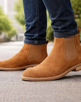 Men's Genuine Cow Suede Chelsea Boots – British Slip-On Mid-Calf Boots with Chunky Heel, EU 39–47