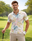 Polo de golf imprimé à manches courtes pour homme – Haut de golf floral en coton élasthanne respirant et performant