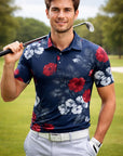 Polo de golf imprimé à manches courtes pour homme – Haut de golf floral en coton élasthanne respirant et performant