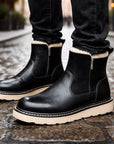Herren Winter-Schneestiefel mit Lammfellfutter – Wasserdichtes Rindsleder, wadenhoch, seitlicher Reißverschluss, EU 38–44, Schwarz & Braun