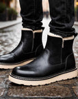 Men's Sheepskin Lined Winter Snow Boots – Waterproof Cowhide Leather, Mid-Calf, Side Zipper, EU 38–44, Black & Brown