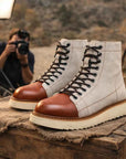 Men's Genuine Leather High-Top Boots – Frosted Cowhide, Lace-Up, Anti-Slip Rubber Sole, EU 38–44, Beige