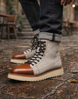 Men's Genuine Leather High-Top Boots – Frosted Cowhide, Lace-Up, Anti-Slip Rubber Sole, EU 38–44, Beige