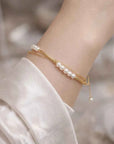 Women's Double-Layer Freshwater Pearl Bracelet – 14K Gold Plated, 4–5mm Pearls, Minimalist Tassel, Handmade, 16+3cm
