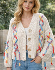 Damen Grobstrick-Cardigan – Handgestrickter V-Ausschnitt Einreihiger Pullover in lockerer Passform