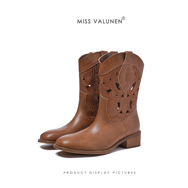 Cowboy-Stiefel für Damen mit Lochmuster – Western-Mid-Calf-Stiefel aus echtem Leder mit Stickerei, Blockabsatz und atmungsaktivem Cut-Out-Design