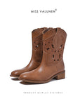 Cowboy-Stiefel für Damen mit Lochmuster – Western-Mid-Calf-Stiefel aus echtem Leder mit Stickerei, Blockabsatz und atmungsaktivem Cut-Out-Design