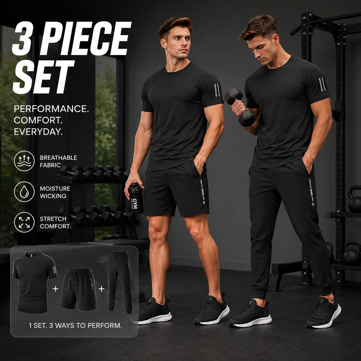 Men's 3-Piece Ice Silk Gym Set – T-Shirt, Shorts &amp; Joggers