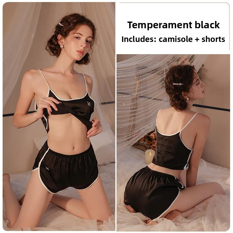 Ensemble nuisette et short col V en soie glacée pour femme – Pyjama d'été sexy deux pièces