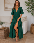 Women's Puff-Sleeve Maxi Dress – V-Neck High-Waist Swing Dress