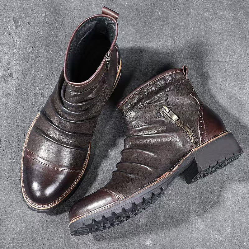 Herren Motorradstiefel – Verstärktes PU-Leder, rutschfeste Gummisohle, seitlicher Reißverschluss &amp; Schnallen, Wadenhoch 30cm