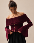 Women's Off-Shoulder Bell-Sleeve Sweater Top – Clinched Splicing Long-Sleeve Knitwear