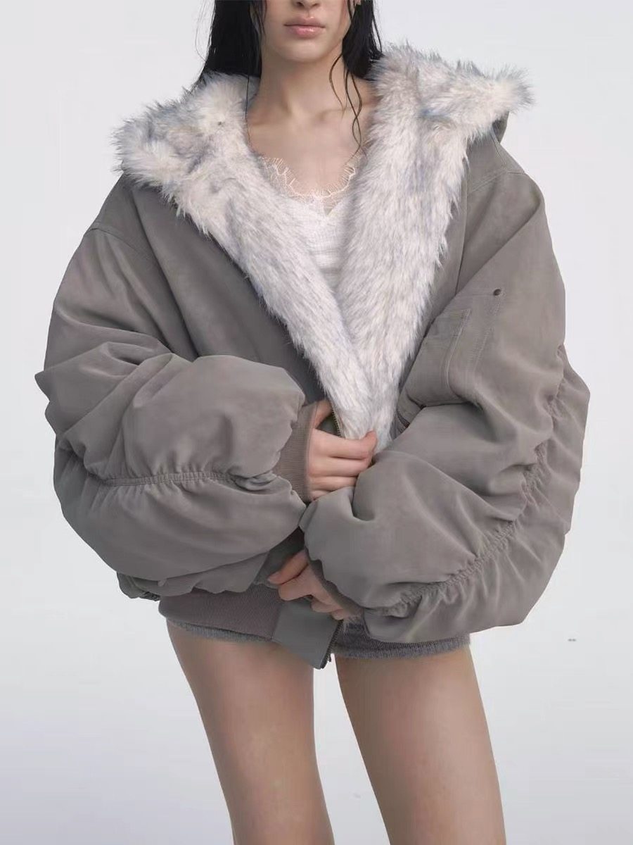 Women's Reversible Double-Sided Faux Fur Jacket – Cropped Vintage Style with Detachable Collar
