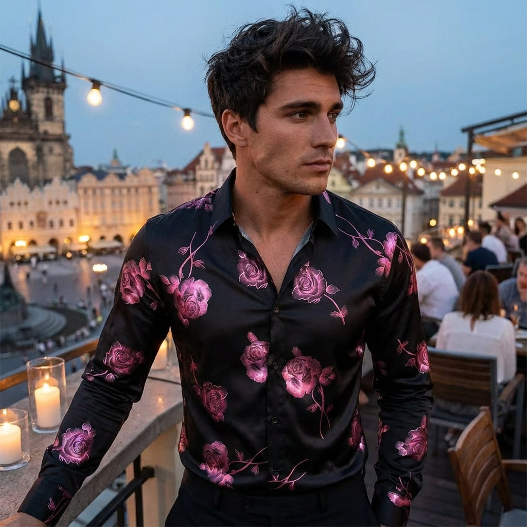 Herren 3D-Hemd mit Blumenmuster – Stretch-Slim-Fit Urban Hemd mit Revers