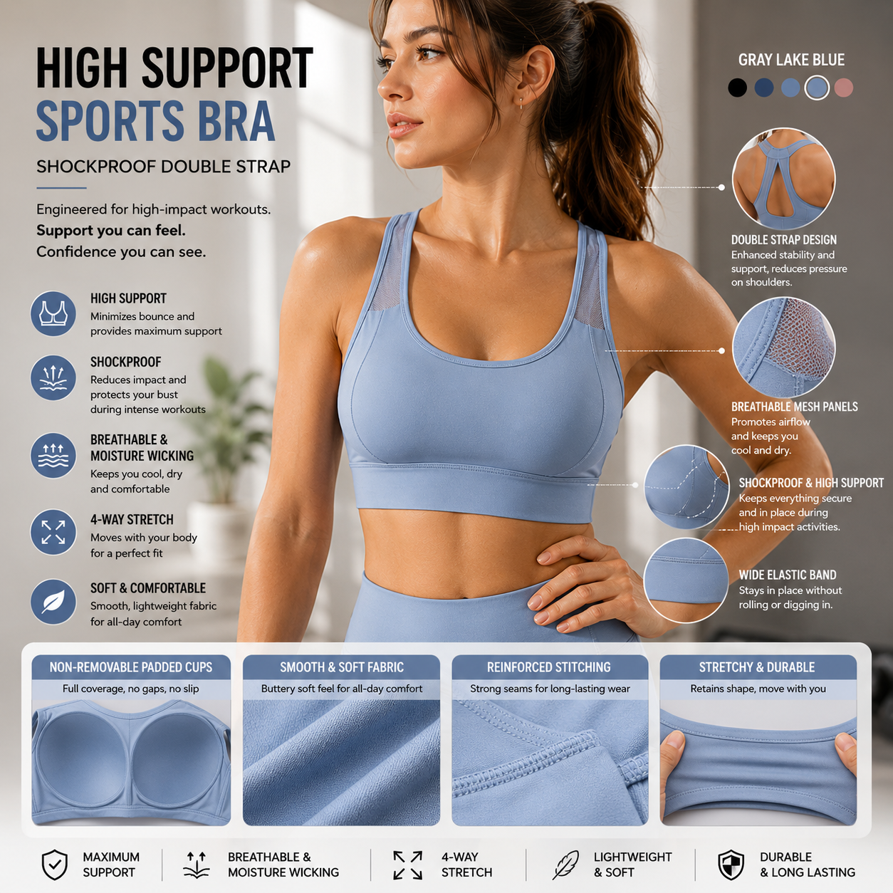 Women's High-Support Sports Bra – Shockproof Double Strap