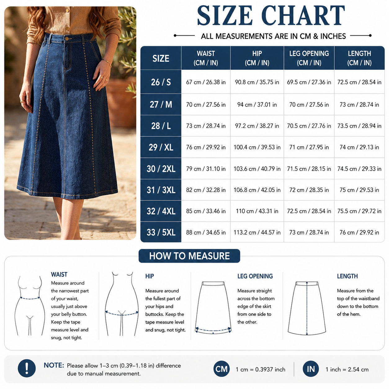 Women's Denim Blend A-Line Midi Skirt – High-Waisted Fade-Resistant