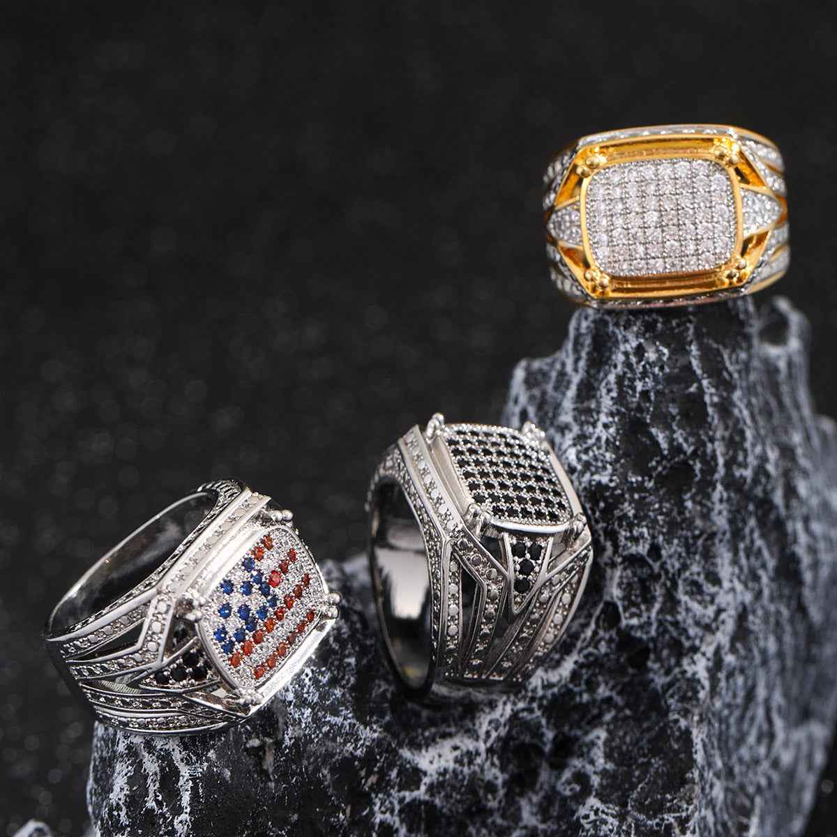 Men's Zircon-Inlaid Geometric Ring - Hip-Hop & Business Style