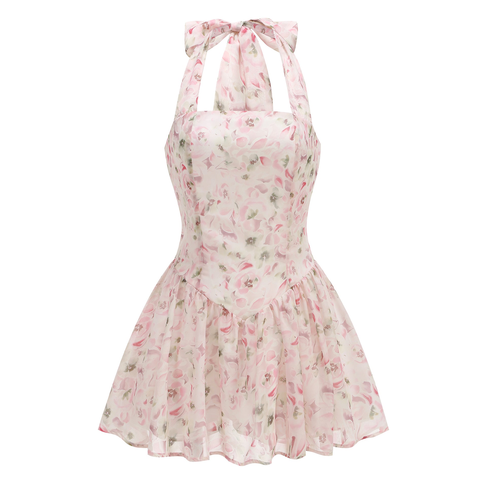 Women's Floral Halter Neck Chiffon Mini Dress