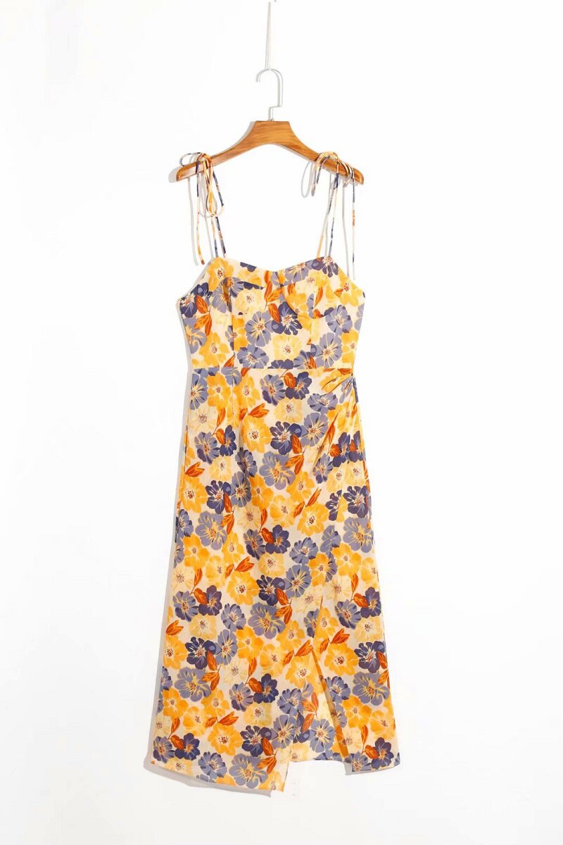 Robe longue à bretelles imprimé violette pour femme – Viscose fluide avec doublure en coton, jaune ou rouge