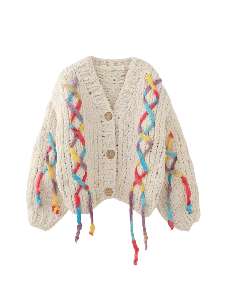 Damen Grobstrick-Cardigan – Handgestrickter V-Ausschnitt Einreihiger Pullover in lockerer Passform