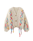 Damen Grobstrick-Cardigan – Handgestrickter V-Ausschnitt Einreihiger Pullover in lockerer Passform