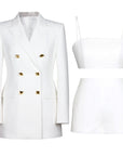 Damen Hosenträger Anzug Set – Elegantes 3-teiliges Outfit mit Blazer, Top & Shorts aus Stretch-Spandex für Büro, Pendler & schicke Freizeitkleidung