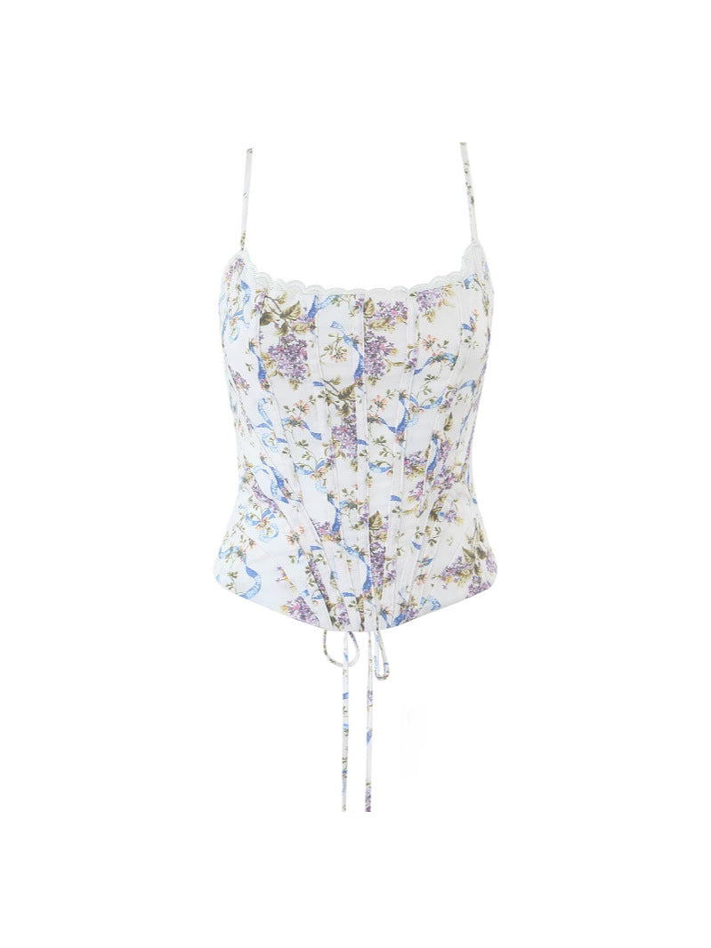 Damen Französisches Retro Blumen Ärmelloses Oberteil – Schmal geschnittenes bauchfreies Tanktop mit Vintage-Print, Taillenbetonendem Design &amp; Schickem Sommerstil