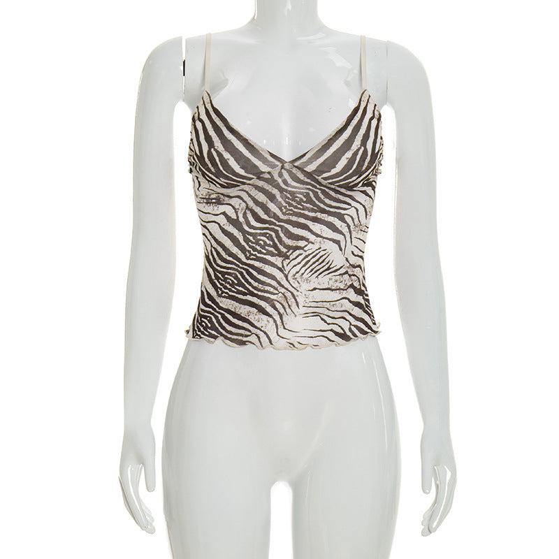 Women's Zebra Print Mesh Slim Fit V-Neck Camisole Top