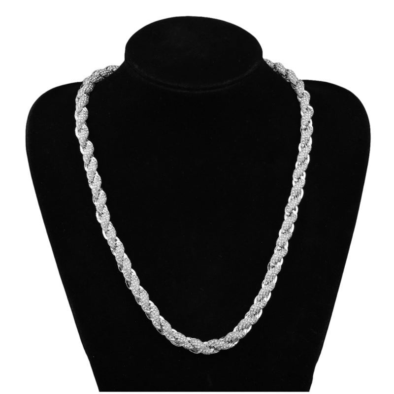 Men’s Hip-Hop Twist Chain Necklace – Geometric Diamond-Encrusted Chain with Thick Rope Design, Gold/Silver Finish &amp; Bold Street Style