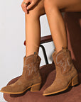 Women's Short Western Cowboy Boots – Suede Pointed Toe Thick Heel Slip-On