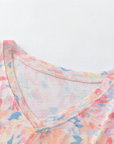 Damenbluse aus 100 % Maulbeerseide mit Blumenmuster – Kurzärmeliges Oberteil mit V-Ausschnitt, schmaler Passform, künstlerischem Druck und elegantem Sommer-Stil