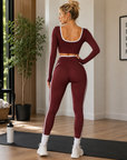 Women's Color Block Yoga Set – Long Sleeve Top & Cropped Leggings, 92% Nylon