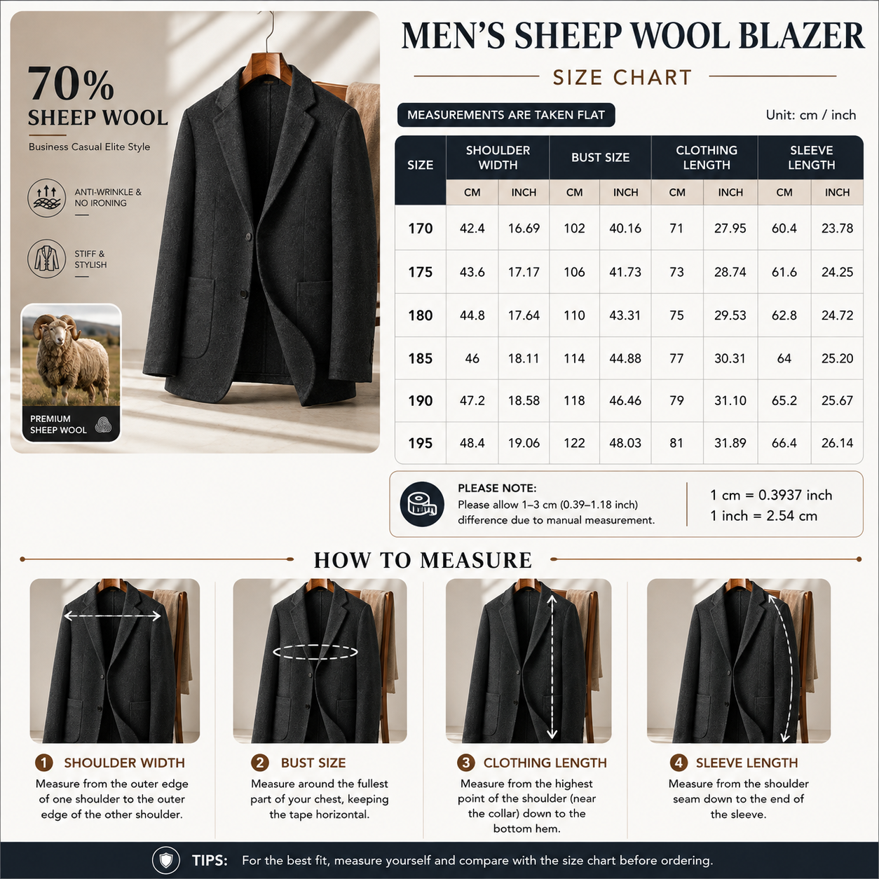 Men's 70% Wool Slim Fit Business Suit Jacket – Single-Breasted Blazer