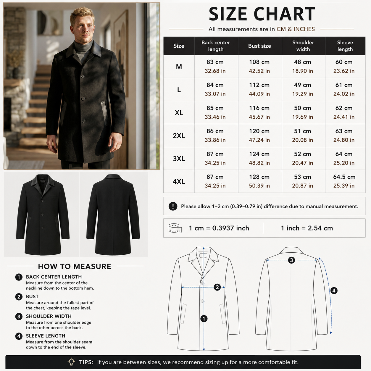 Men's  Wool Double-Faced Trench Coat - Single-Breasted Lapel Overcoat