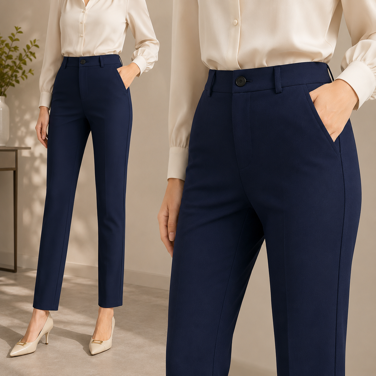 Women's Elastic High Waist Straight Leg Business Pants – Stretch Trousers