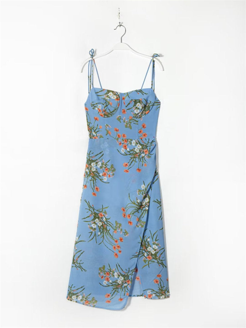 Robe longue à bretelles imprimé violette pour femme – Viscose fluide avec doublure en coton, jaune ou rouge