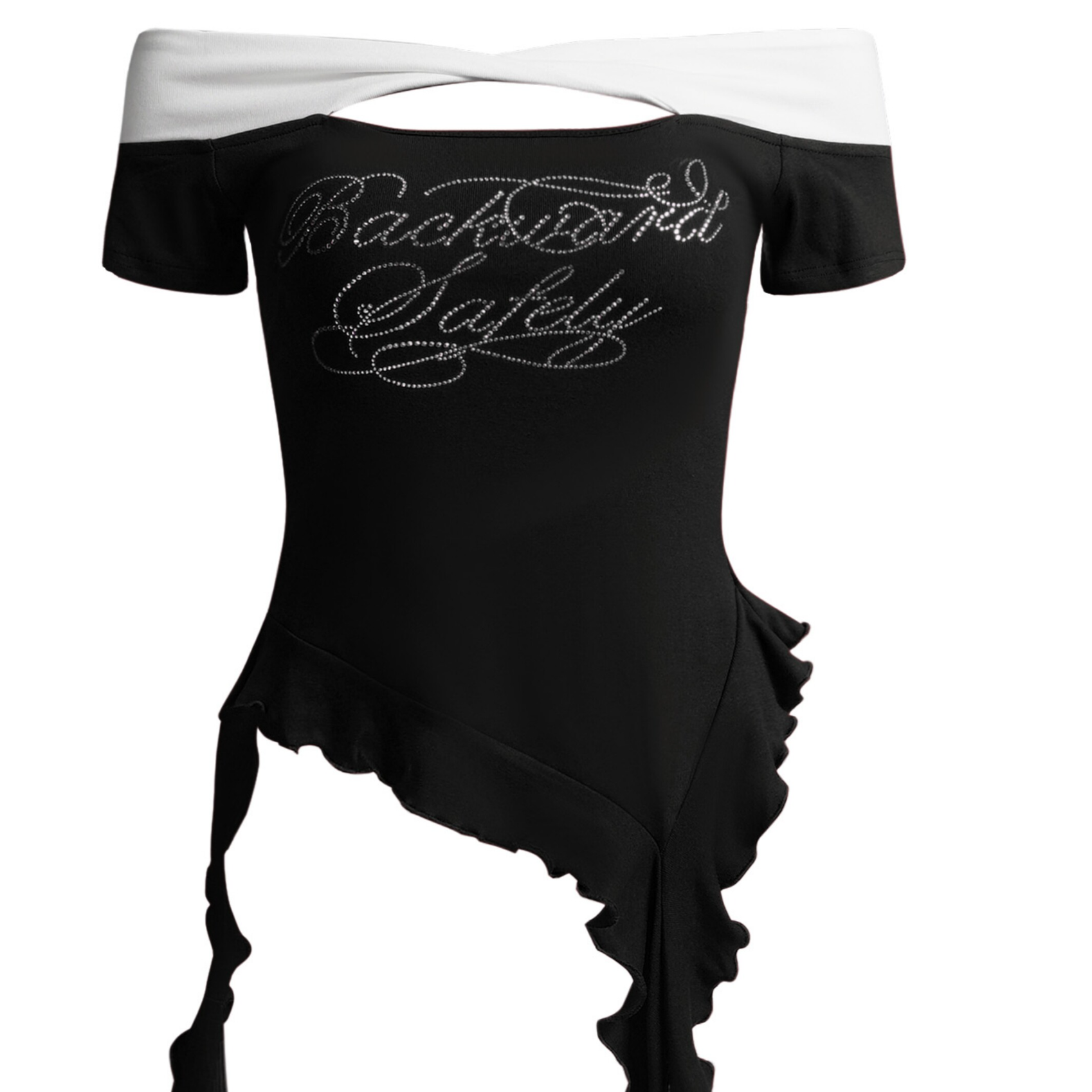 Damen Retro schulterfreies Schleifen-T-Shirt mit schmaler Passform – Einreihiger Kragen, besticktes, kurzärmliges Sommer-Crop-Top