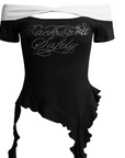 Damen Retro schulterfreies Schleifen-T-Shirt mit schmaler Passform – Einreihiger Kragen, besticktes, kurzärmliges Sommer-Crop-Top