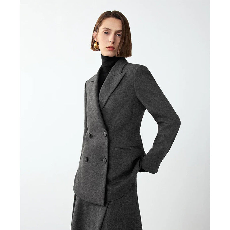 Veste de costume croisée grise pour femme – Blazer de bureau style rétro, longueur moyenne